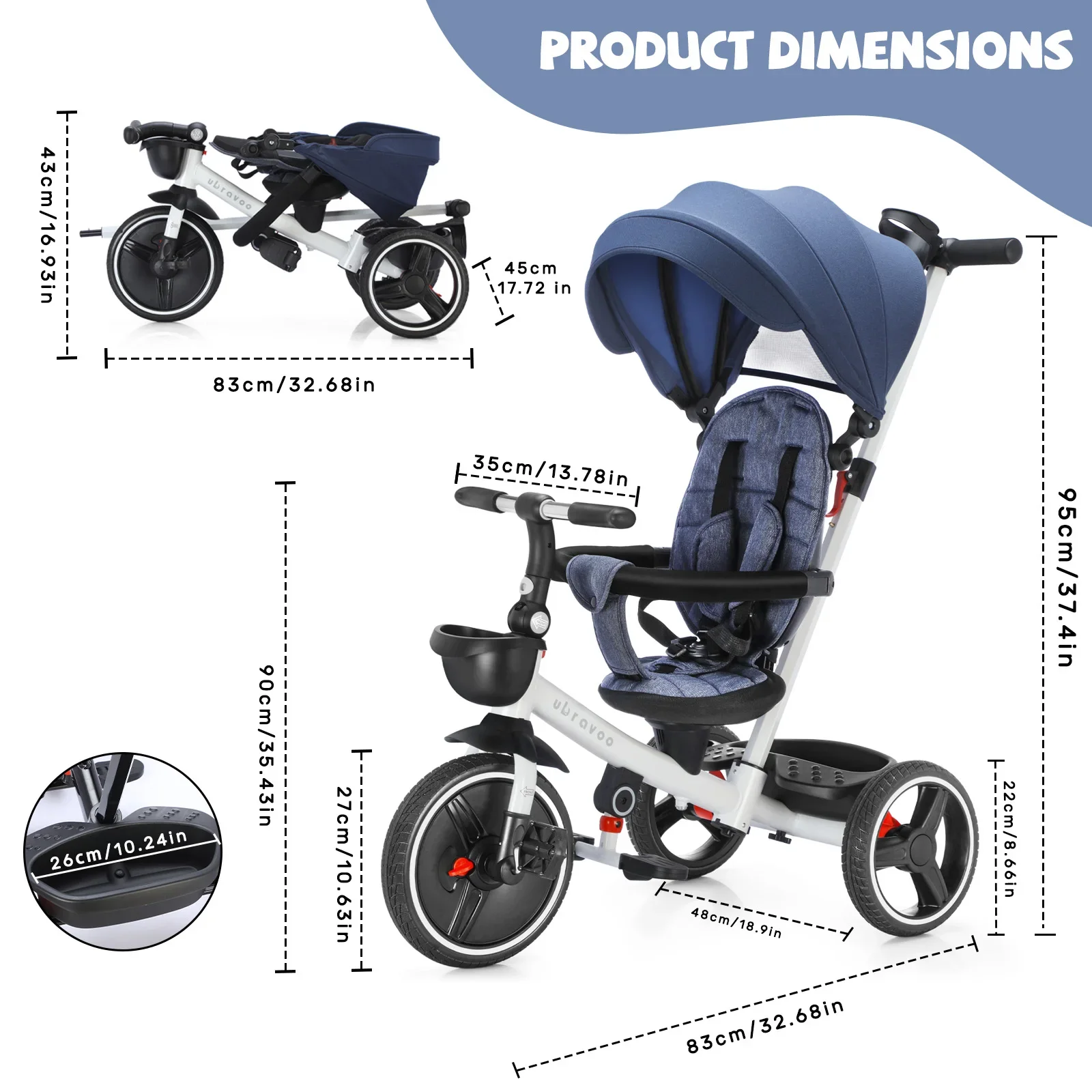 Tricycle bébé évolutif 6-en-1 en mode poussette avec enfant