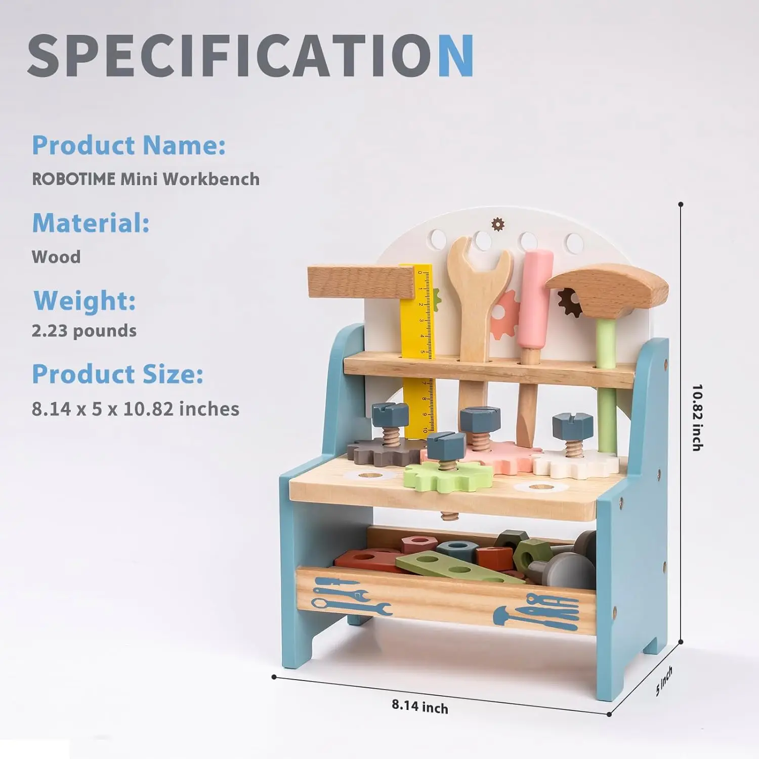 Vue d'ensemble du banc d'outils en bois Robotime pour enfants