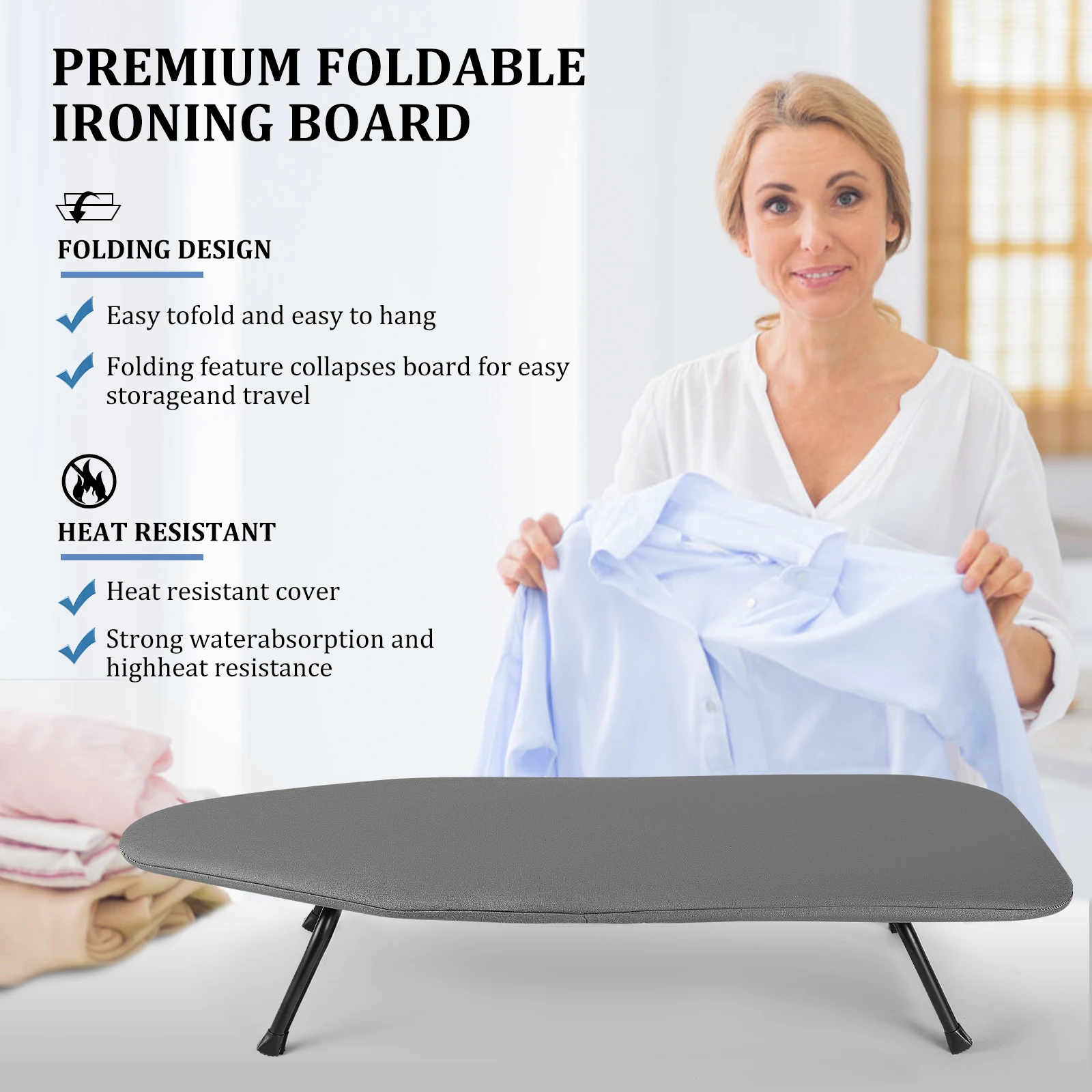 Vue de la planche à repasser pliable en cours d'utilisation