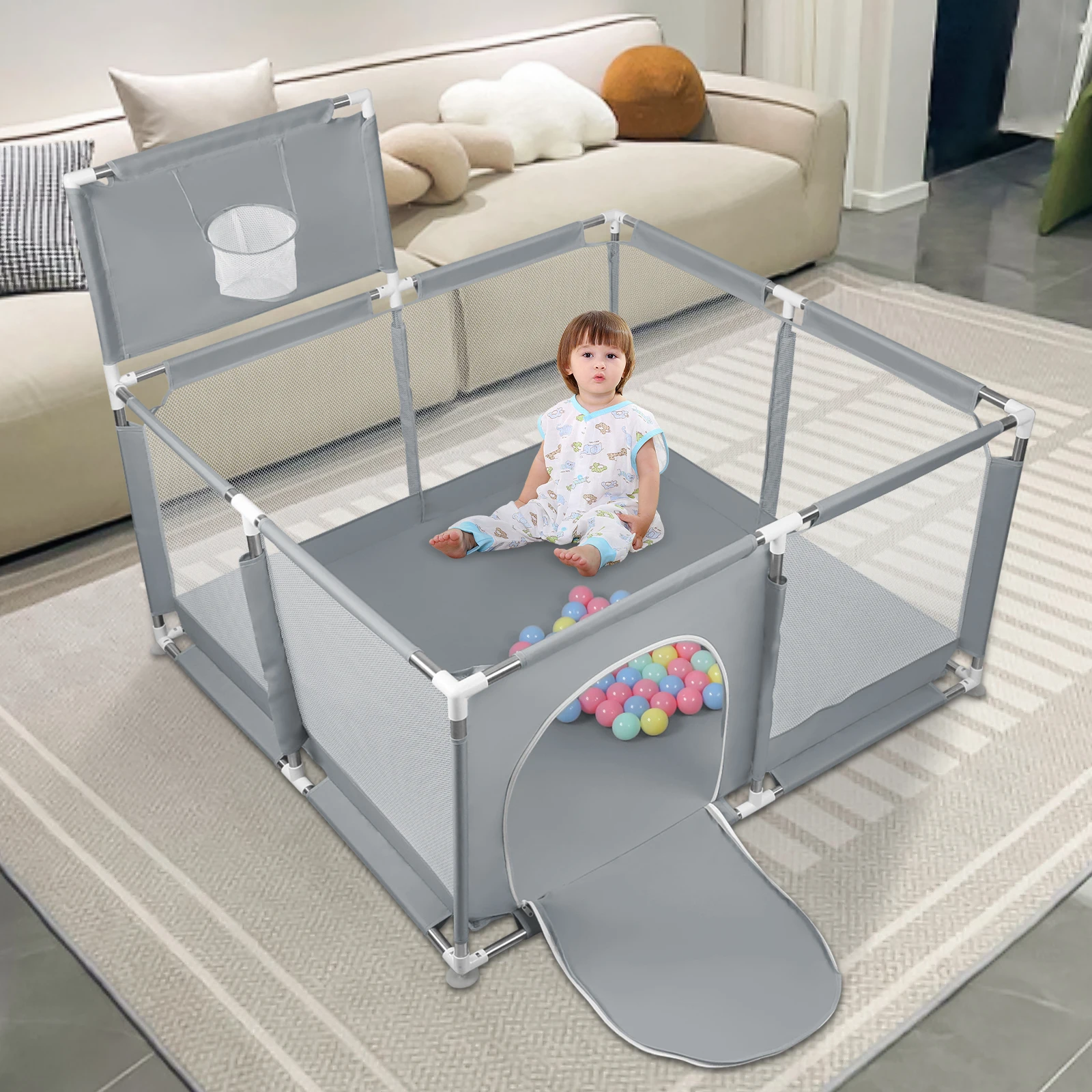 Détail de la maille et des connecteurs du parc d'éveil pour bébé