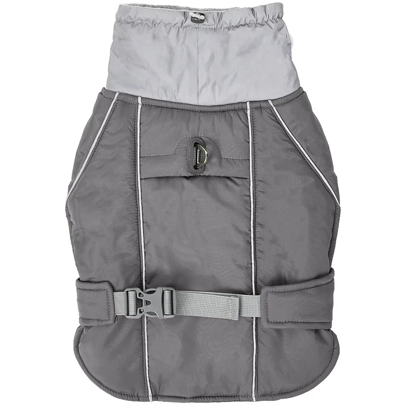 Chien noir avec veste hiver orange dans un environnement enneigé