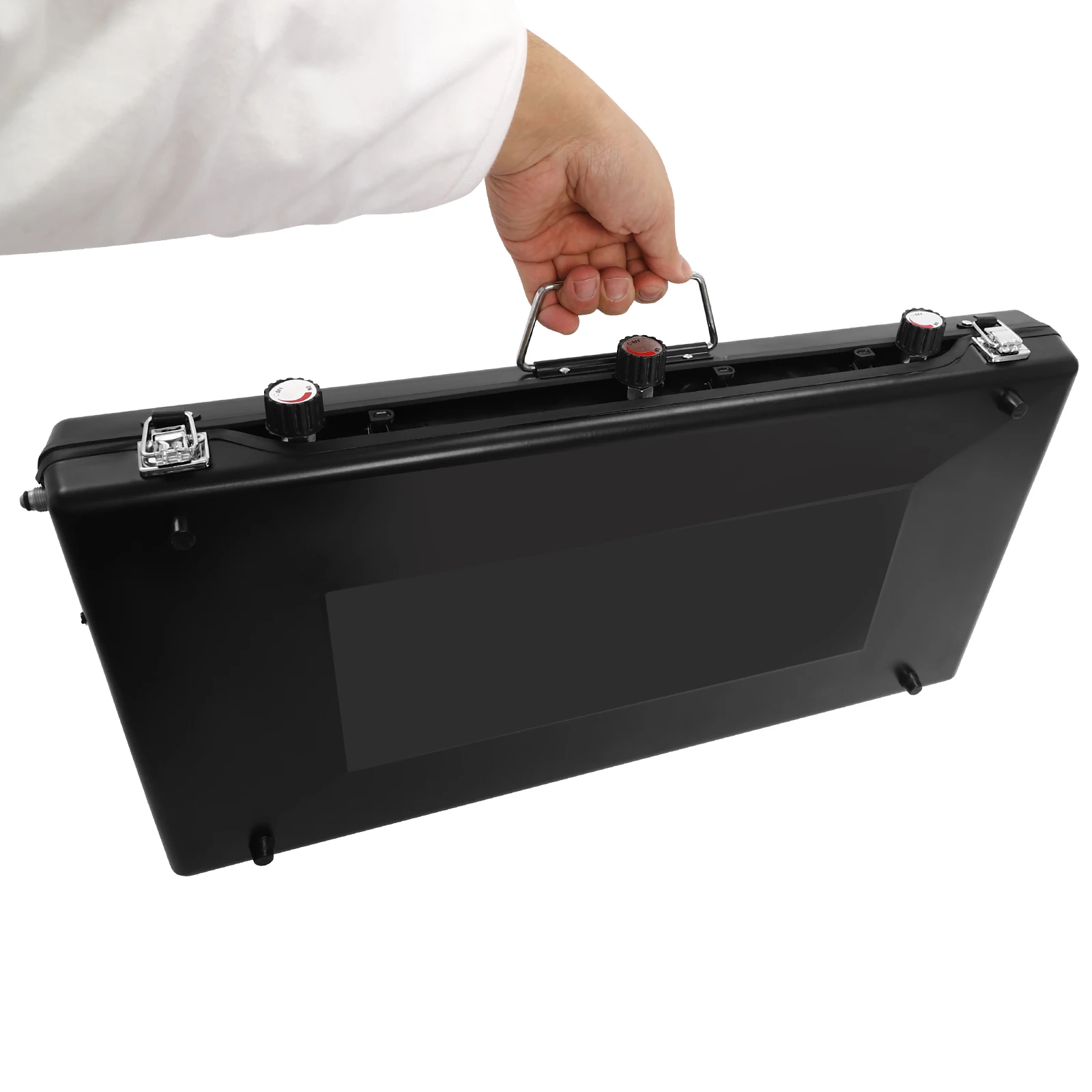 Réchaud camping portable déplié avec 3 brûleurs en action