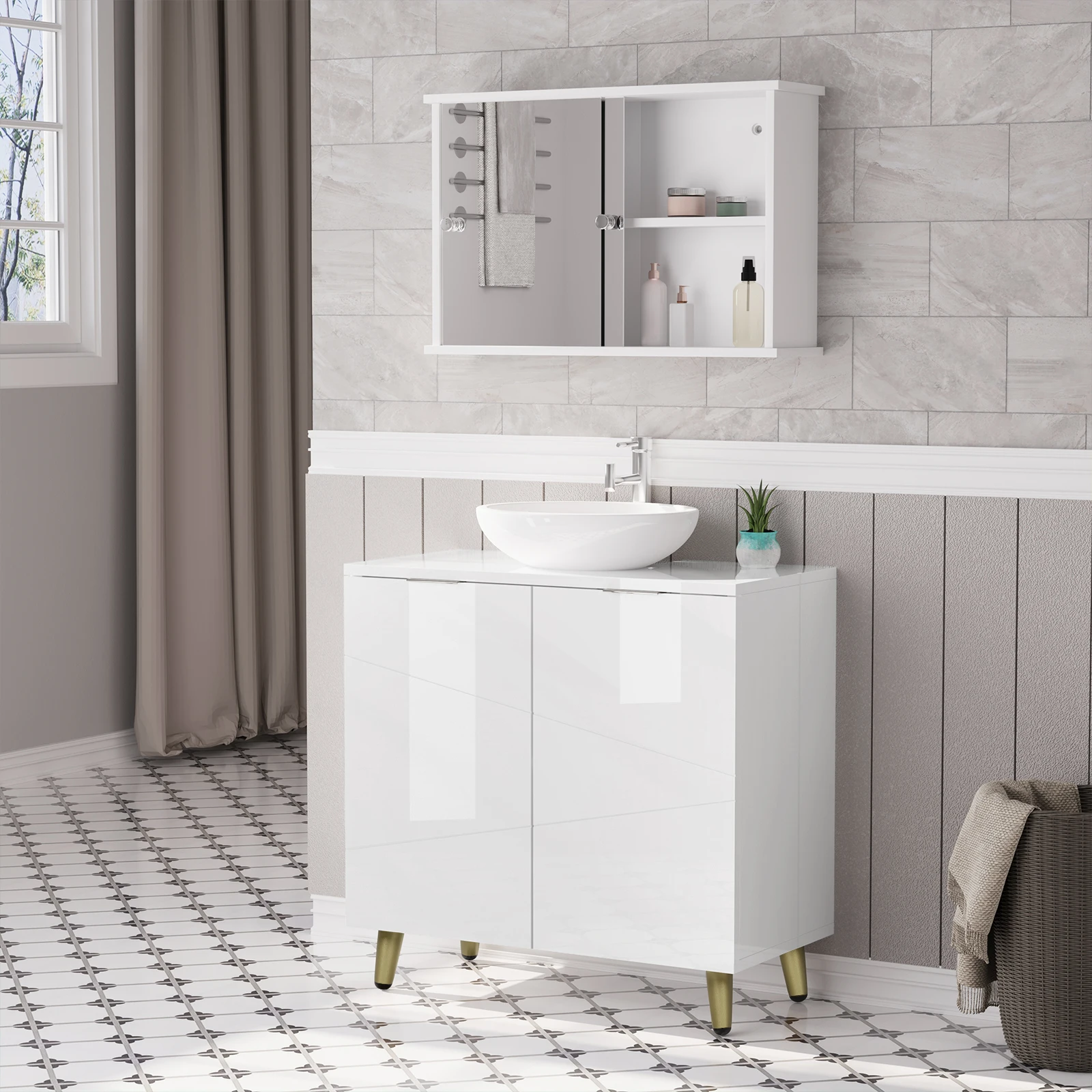 Détail de la découpe pour siphon et des pieds du meuble