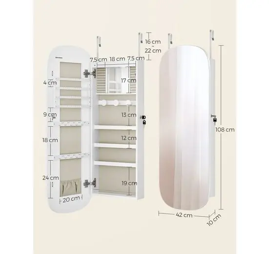 Schéma des dimensions de l'armoire à bijoux miroir mural