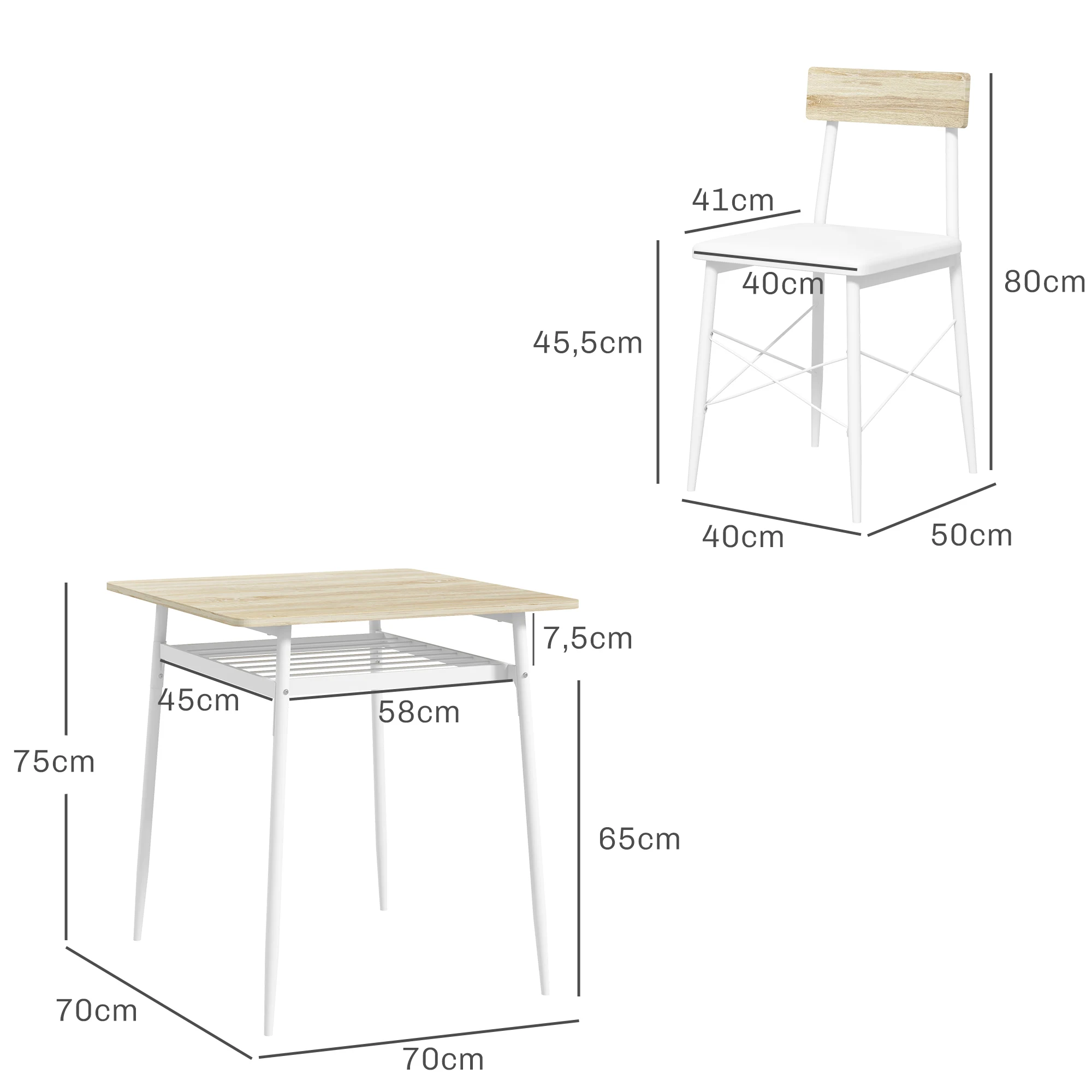 Dimensions détaillées ensemble table et chaises Homcom