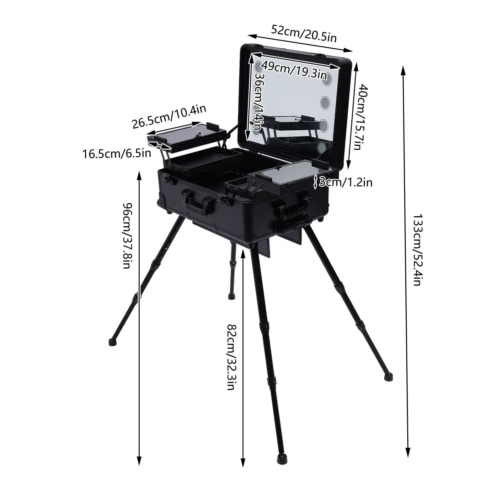 Vue de côté de la valise maquillage professionnelle avec ses pieds