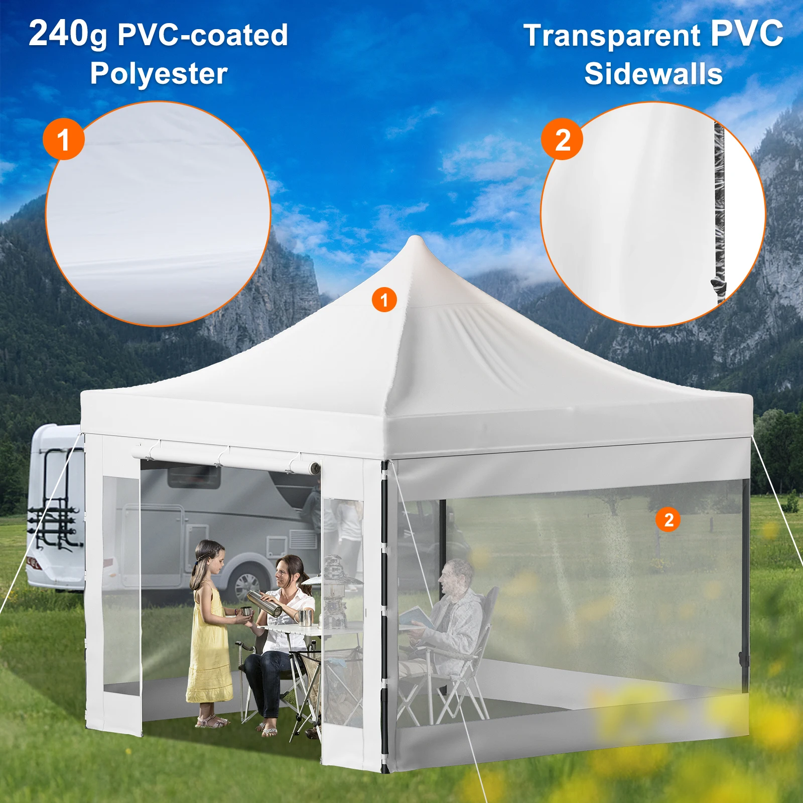 Hard-wearing PVC-coated polyester material for a party gazebo
