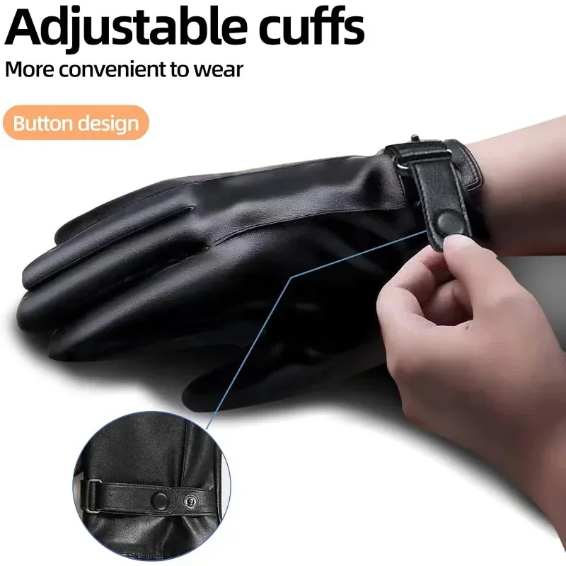 Détail de la manchette ajustable des gants en cuir pour homme