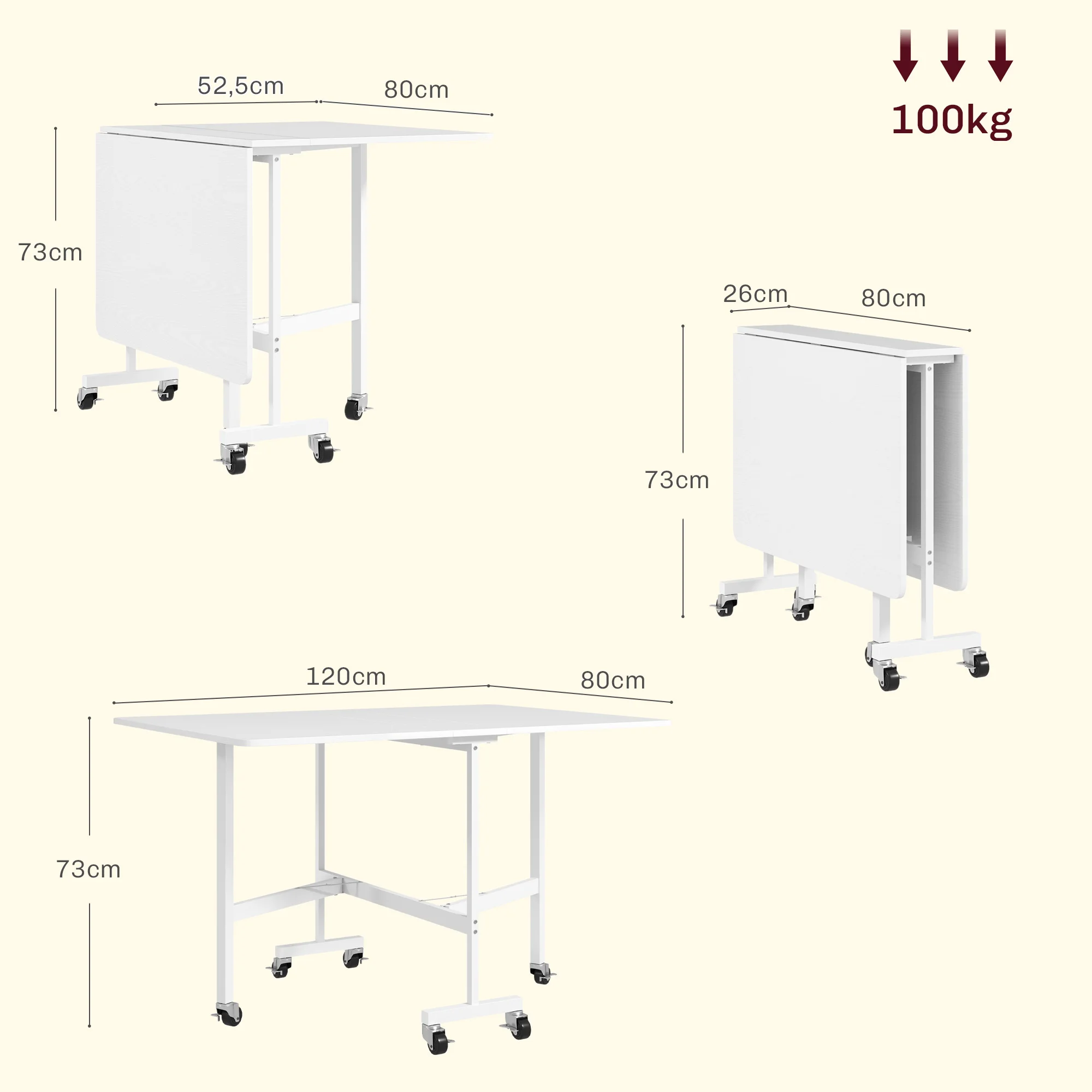 Détail de la table pliante avec plateau en chêne et pieds en acier, roulettes visibles
