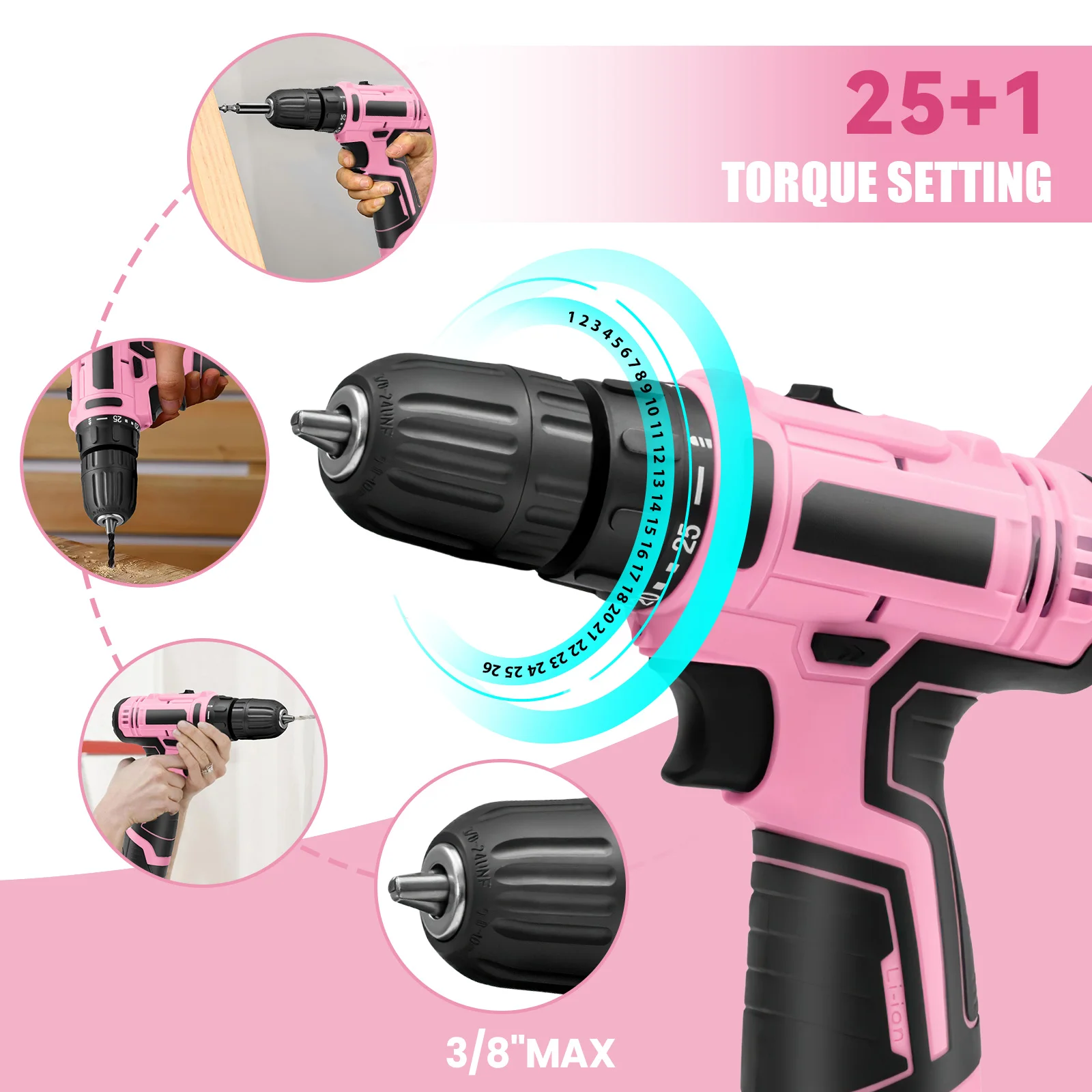 Kit perceuse visseuse sans fil avec sac de rangement rose