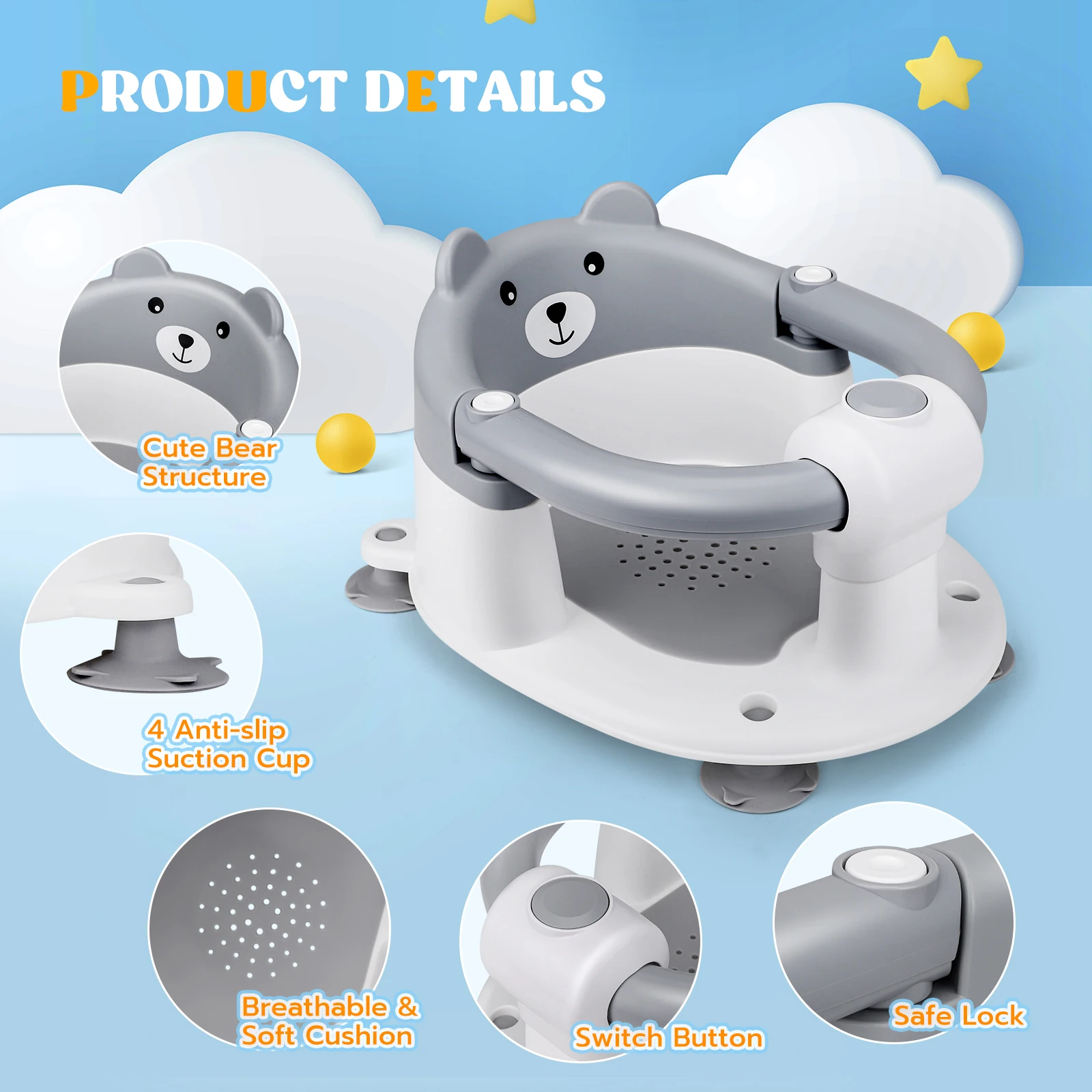 Chaise de bain bébé ergonomique avec coussin doux