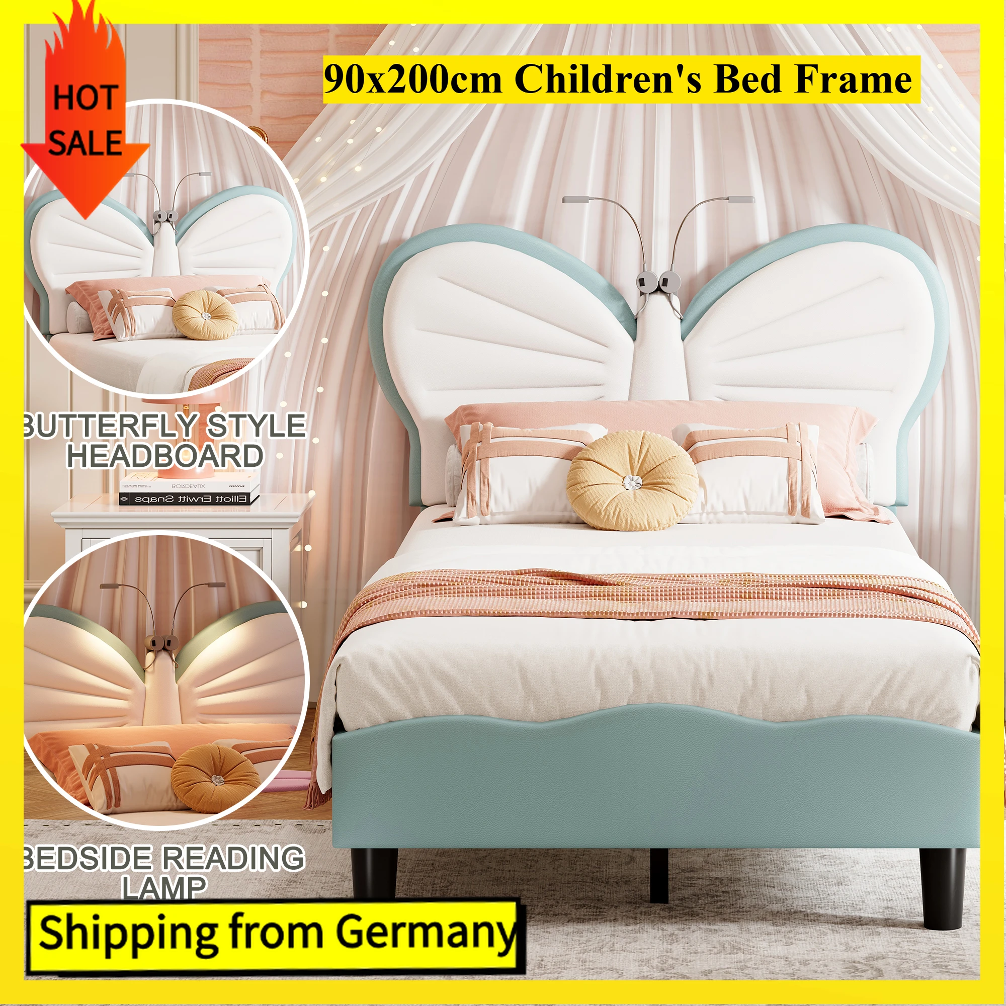 Lit enfant 90x200cm blanc et bleu avec tête de lit papillon