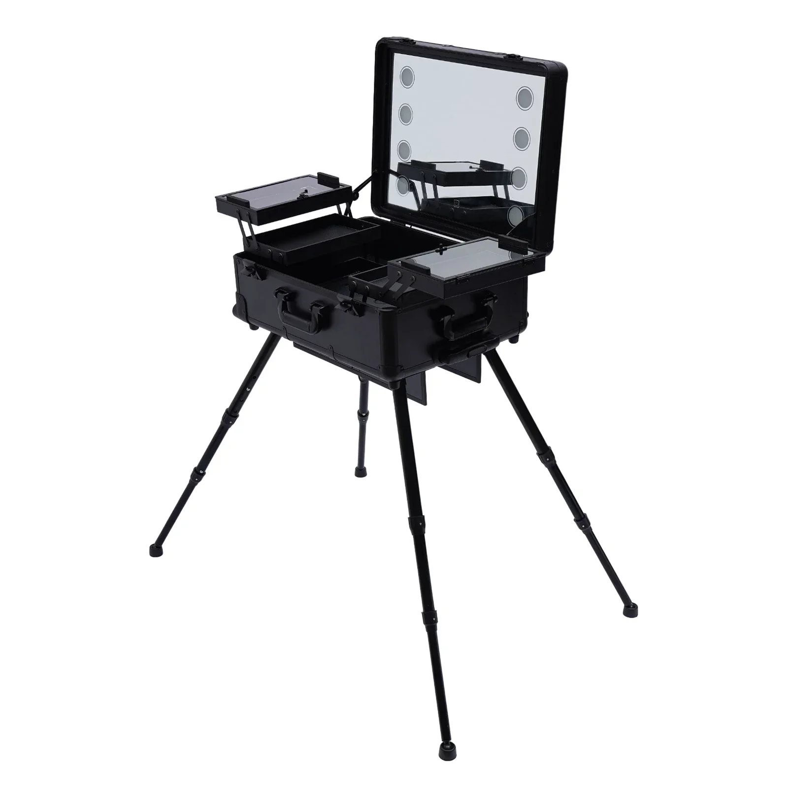 Valise de maquillage ouverte montrant les trois niveaux de rangement