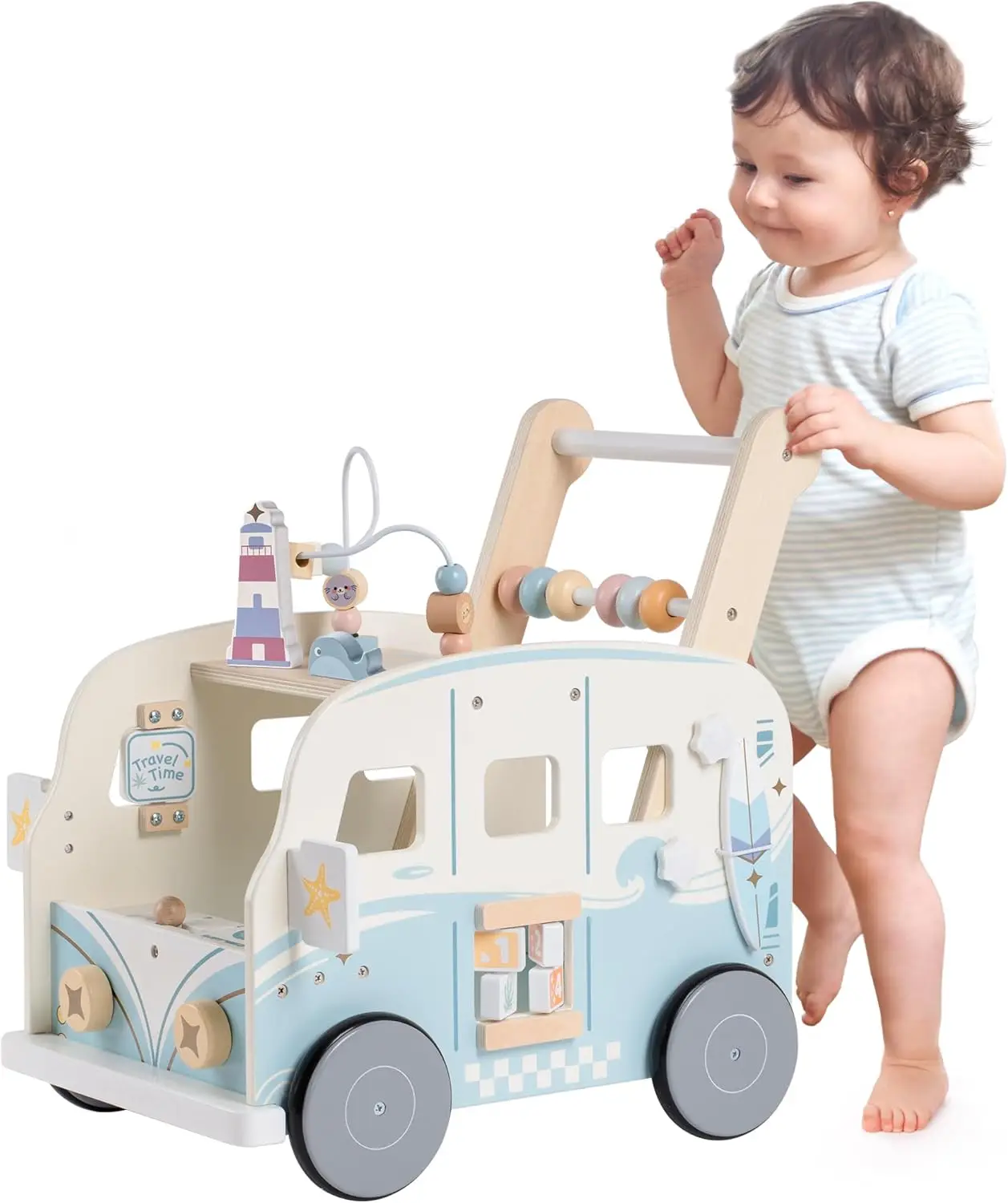 Trotteur bébé en bois style bus avec motif océan