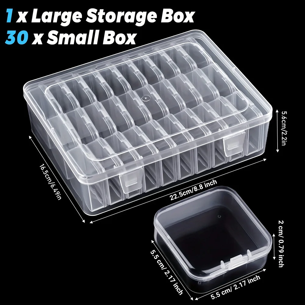 Clear compartment box filled with rhinestones